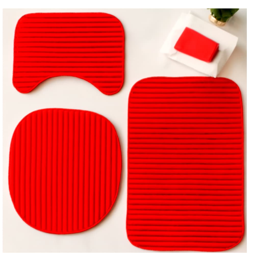 Kit 3 Peças Jogo de Tapete Vermelho Para Banheiro Antiderrapante 100% Algodão Felpudo Peludo Luxo