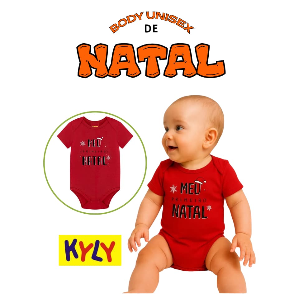 Body KylyTema Natalino unisex bebê  estampa meu primeiro natal algodão lancamento 2026