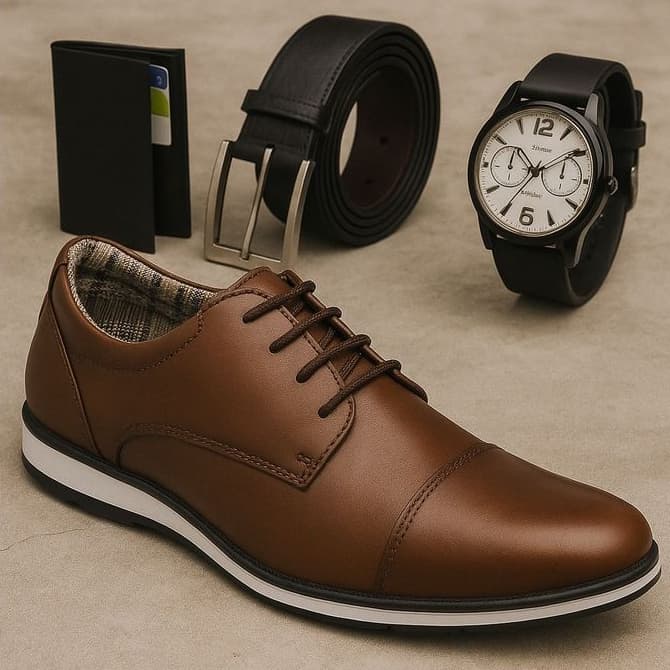 Kit Sapato Social Masculino Oxford Sport Fino Elegante Leve Confortável Cinto Carteira Relógio