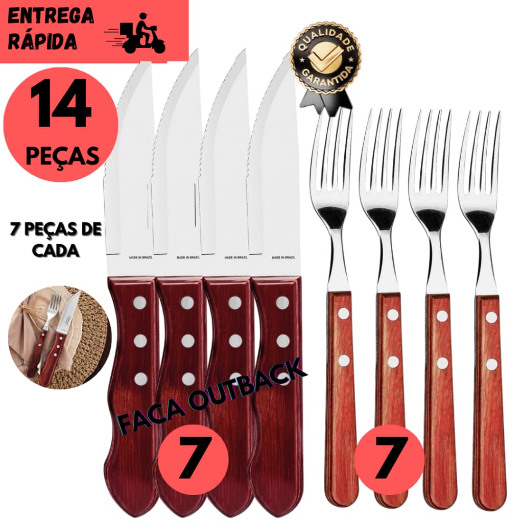 Kits 6/10 ou 14 Peças Facas Jumbo Outback 5" + Garfos de Inox OU Cabo de Madeira Ideal p/ Churrasco