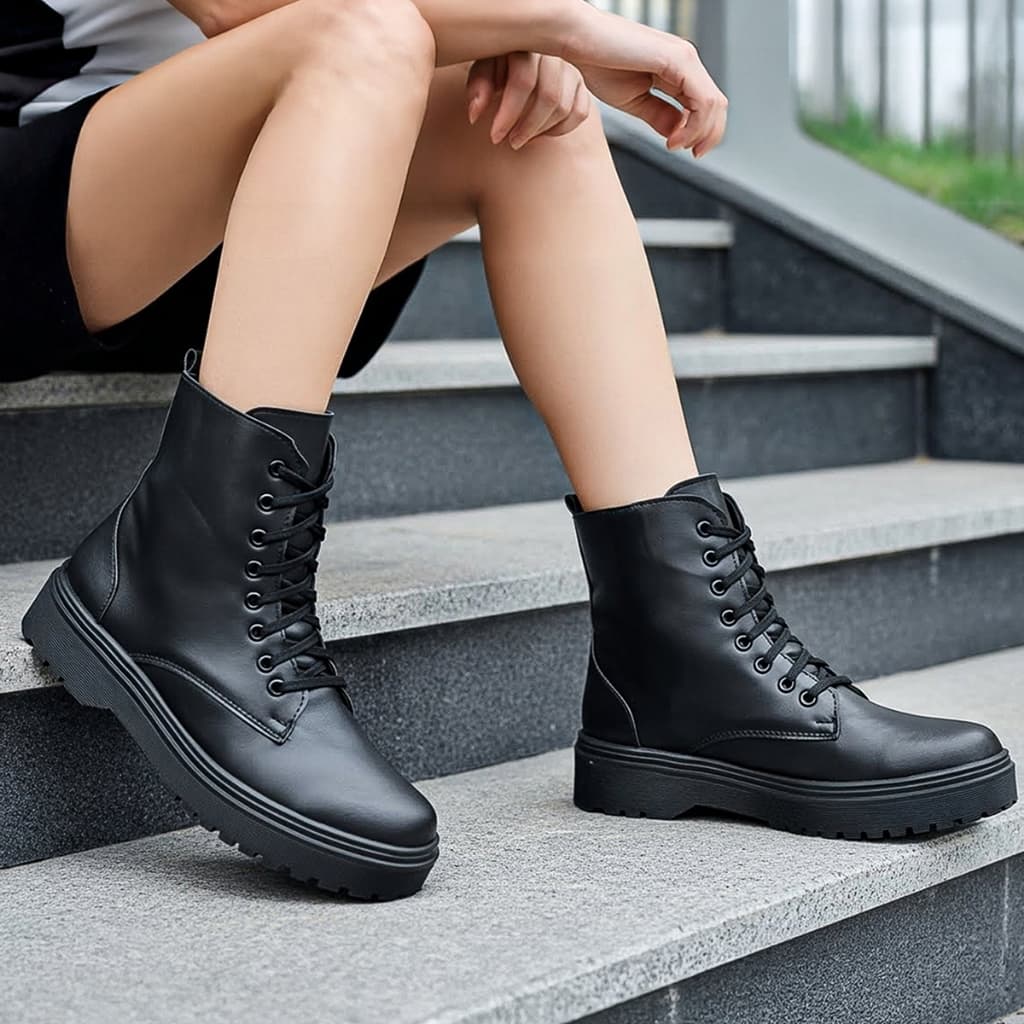 Bota Coturno Feminino Preto Sola Reta Confortável Blogueiras Casual Estiloso Streetwear Militar