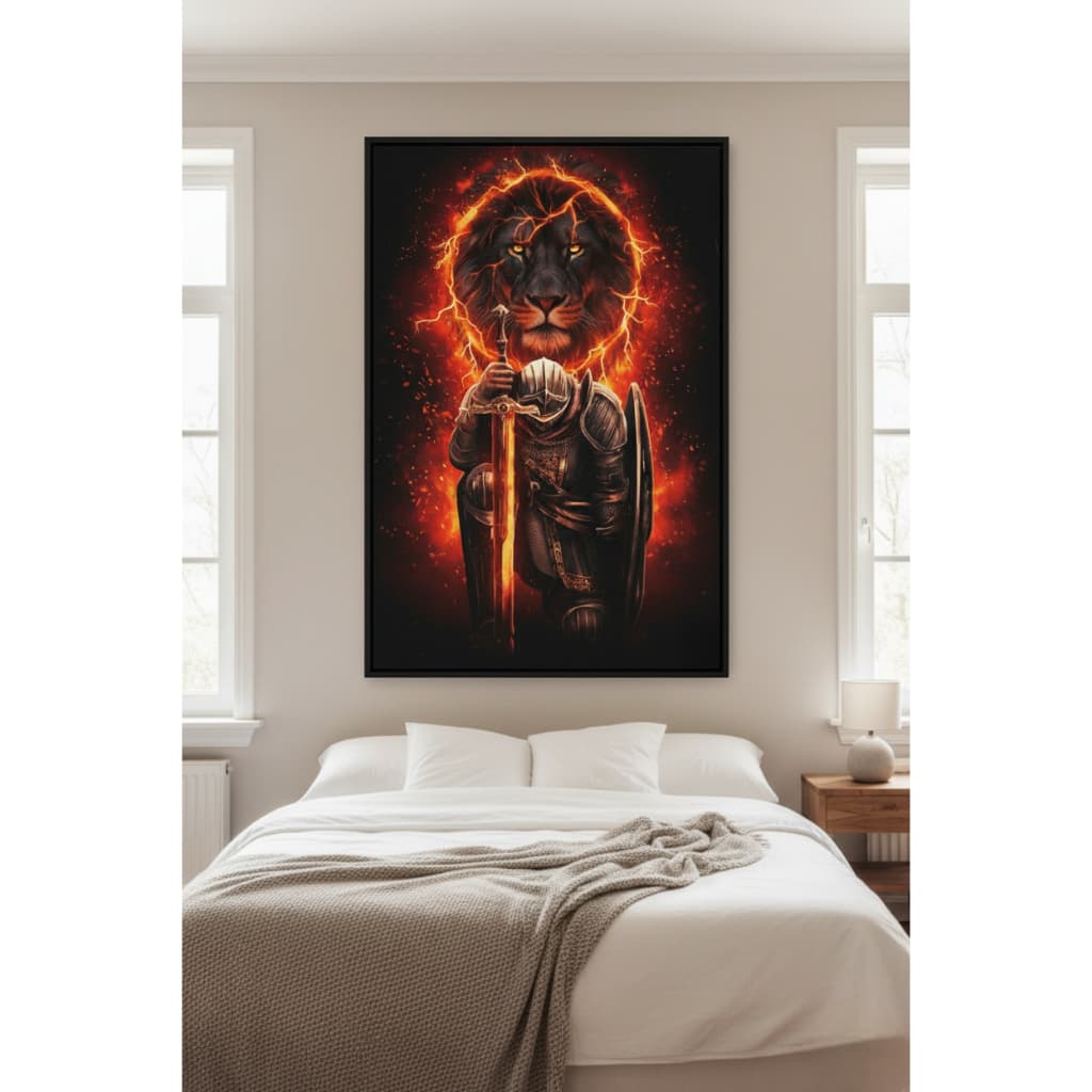 Quadro decorativo 1 peça Leãõ Guerreiro Espada Flamejante decoração quarto sala interiores