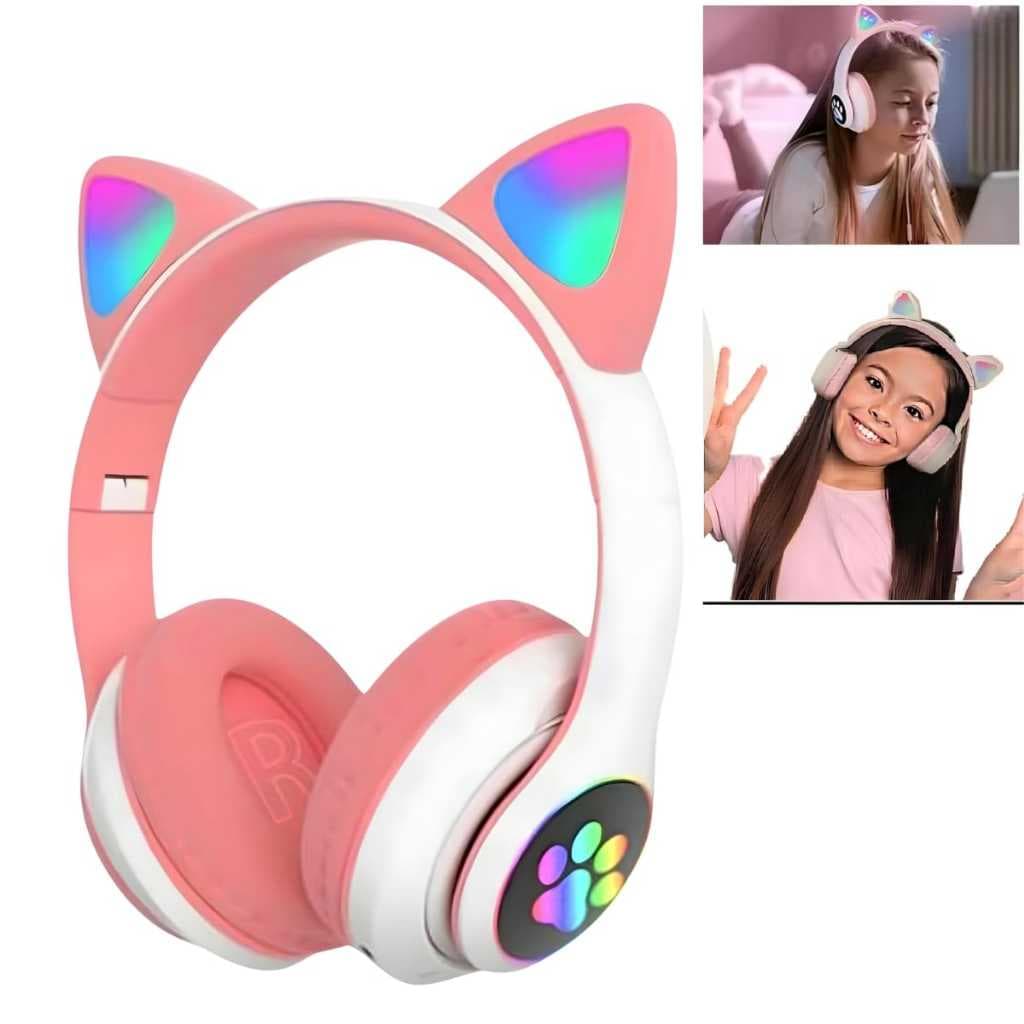 Fone De Ouvido Orelhinhas Gatinho Led Sem Fio Colorido Infantil Para Crianças