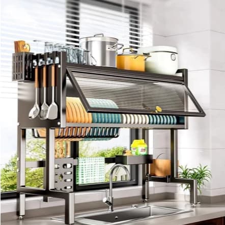 Escorredor De Louça De Pratos Cozinha Suspensa Modular Organizador Com Porta 65/85cm Preto