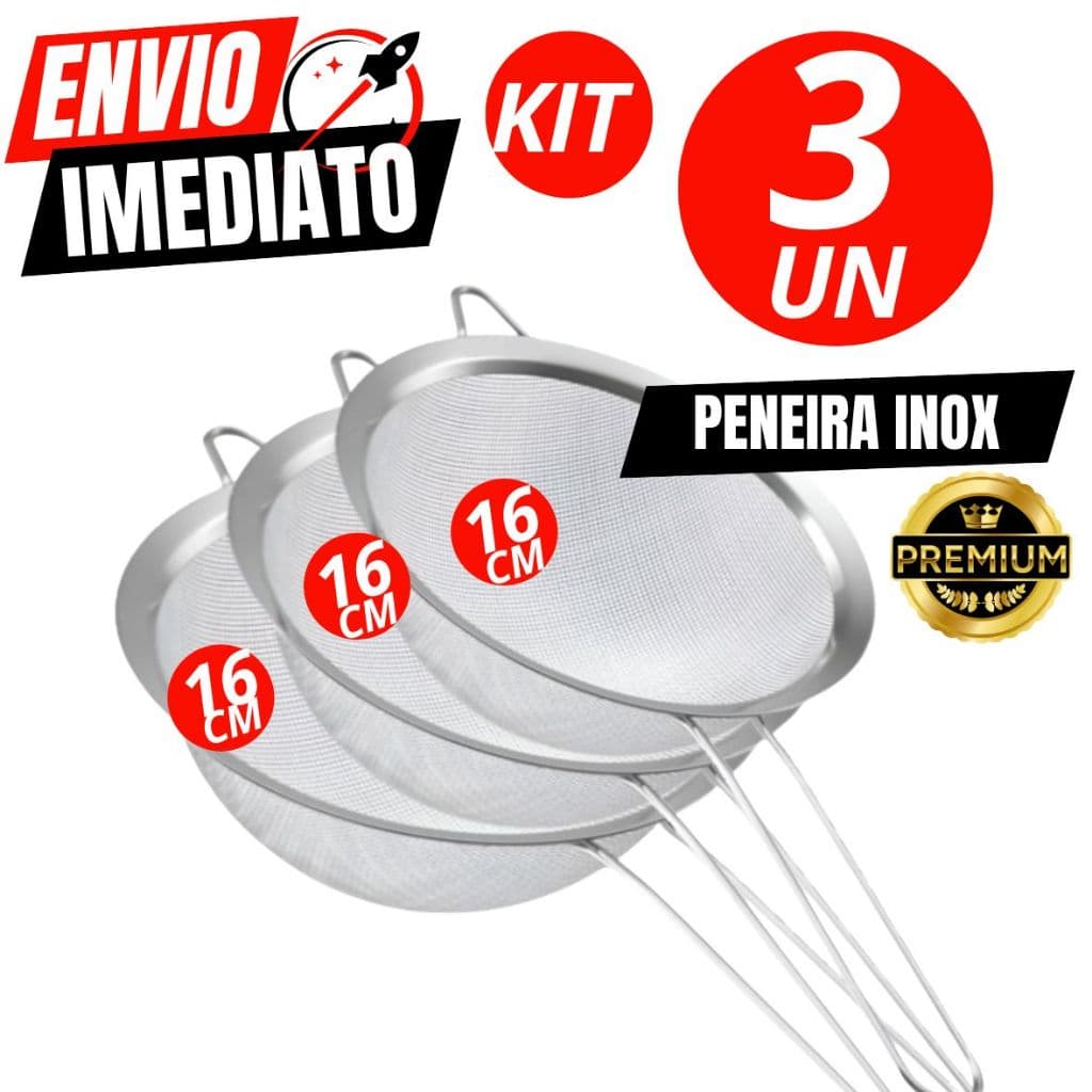 Kit 03 ou 1UN Peneira 16CM Grande 100% Inox Conjunto Promocional Casa Cozinha Buffet Bar