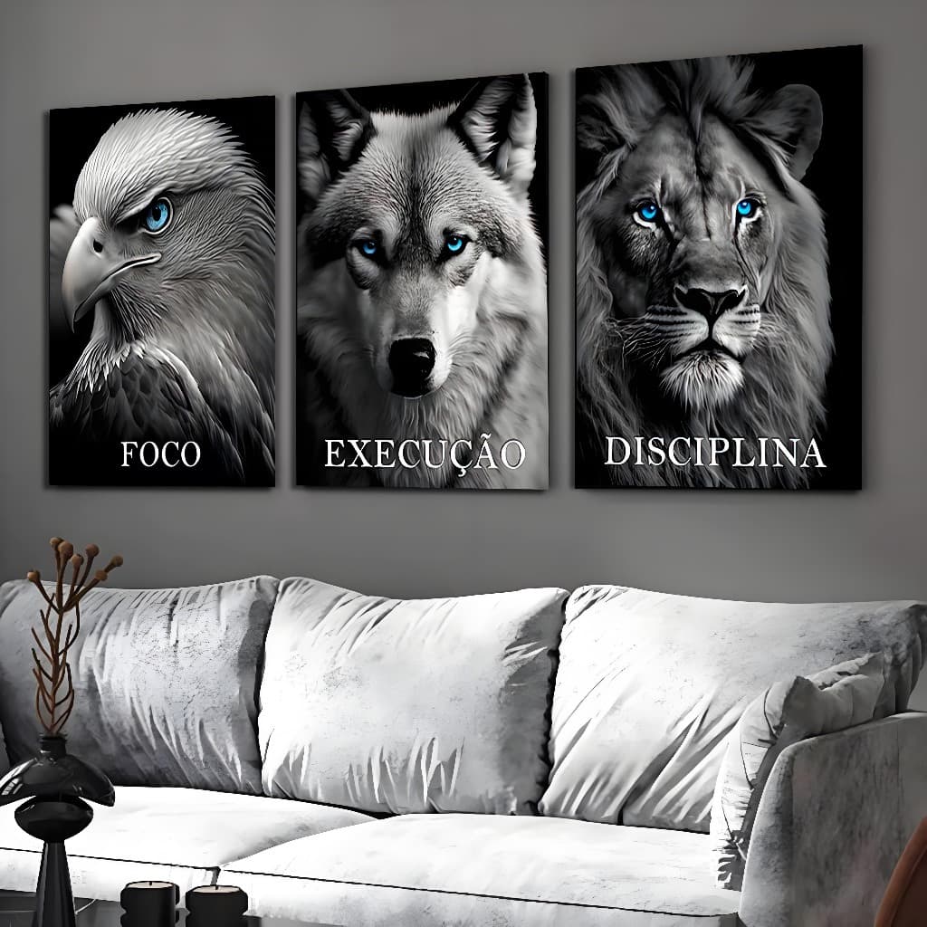 Quadro Decorativo 3 Pegas Leão Águia Lobo Disciplina Motivacionais Sala Quarto