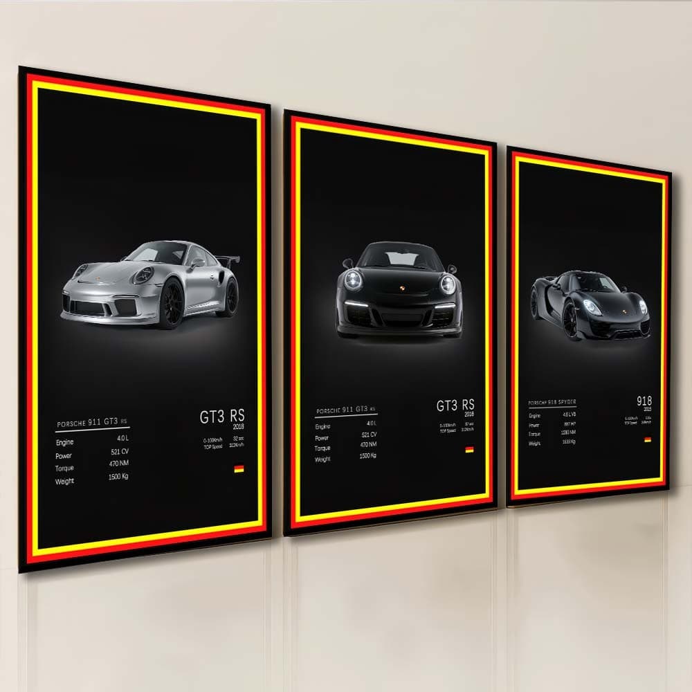 Kit 3 Quadros Porsche GT3 RS  Sala Quarto Escritório Estilo Esportivo Moderno