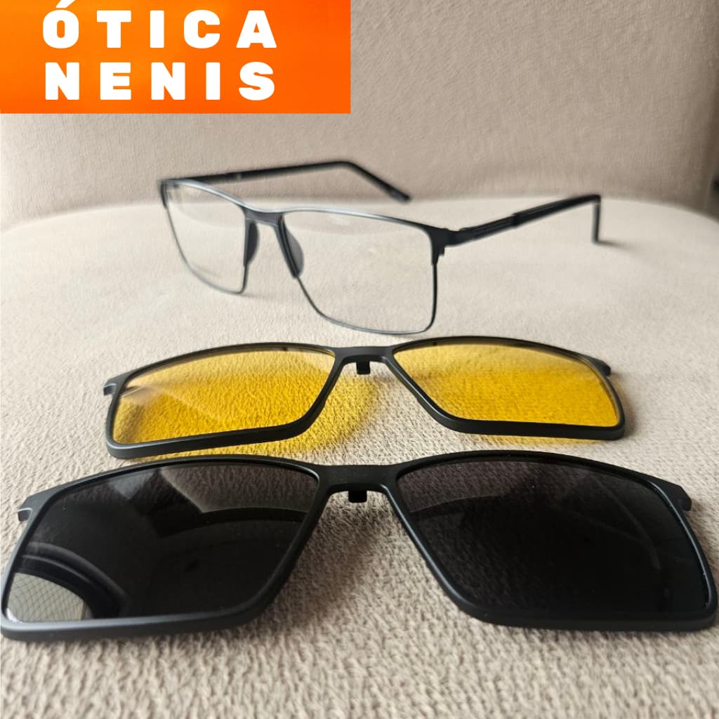 Armação para óculos Clip On clipon 3 em 1 Quadrado Masculino Polarizado metal quadrada modelo sh3380
