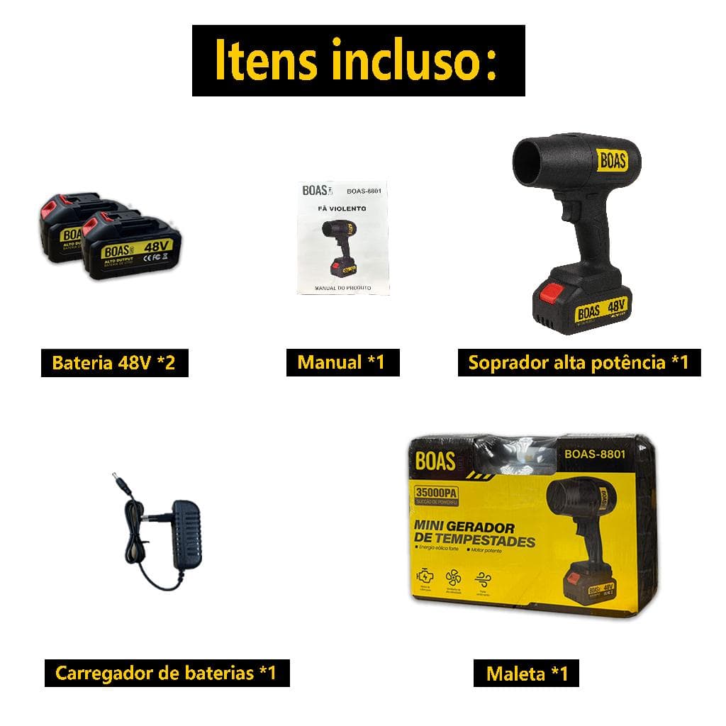 Soprador De Folhas Turbo 48v Com 2 Baterias Portátil Recarregável Potente Limpeza Interna e Externa