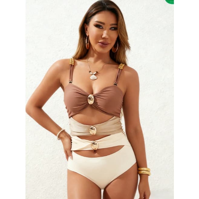 Biquíni feminino com cordões e blocos de cores