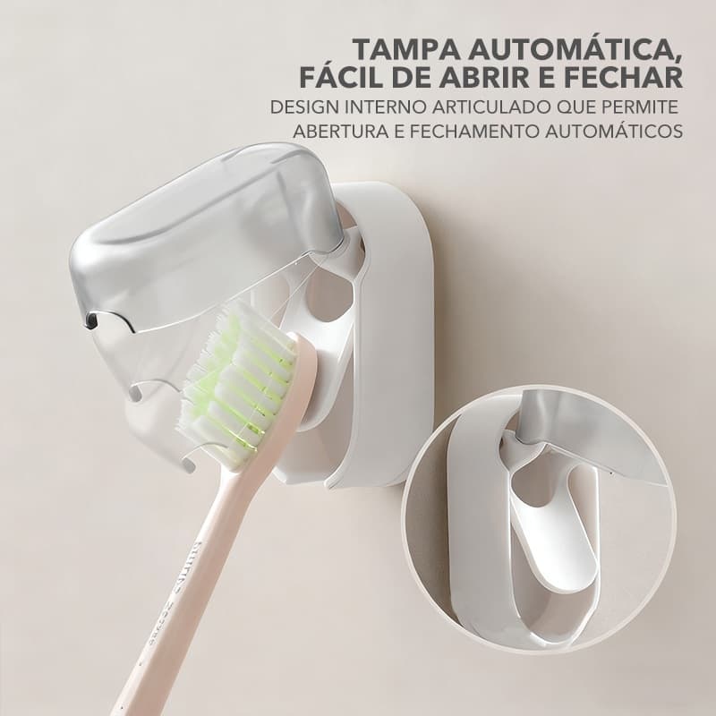 Porta Escova de Dentes com Tampa Protetora Automática Suporte de Parede Autoadesivo Sem Furar Anti Poeira para Banheiro