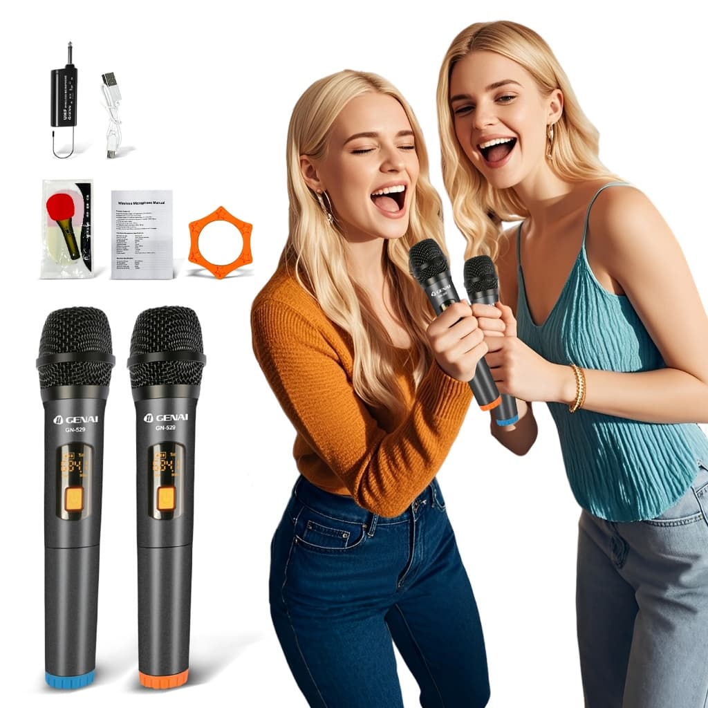 Microfones Sem Fio Duplo Profissional Dinâmico Recarregável Uhf 2 Canais Portátil Microfone Para Karaoke Show Meetin