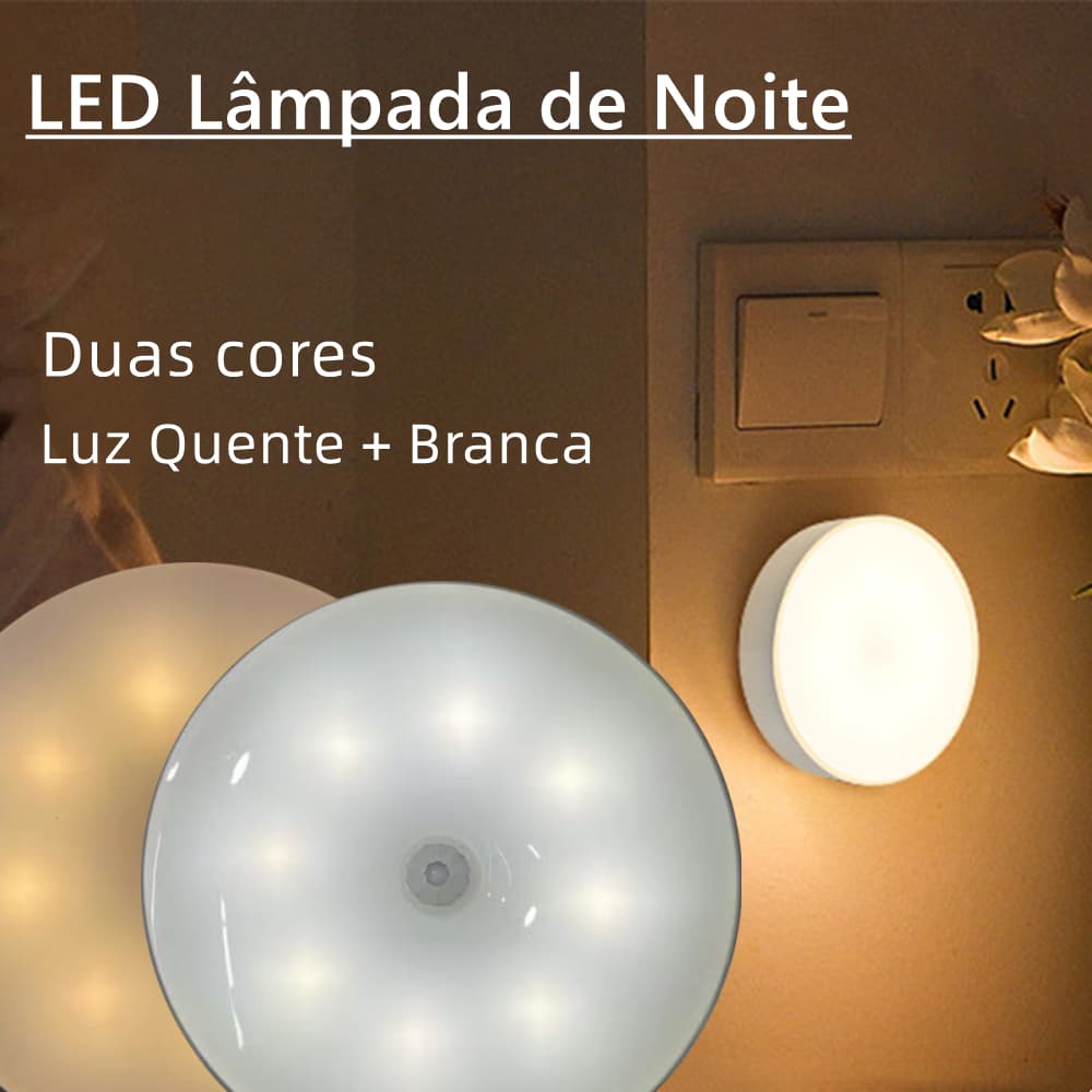 Lâmpada de Noite LED com Sensor de Movimento sem Fio e Recarregável USB Luz Noturna Duas cores Luz Quente Frio Luminária