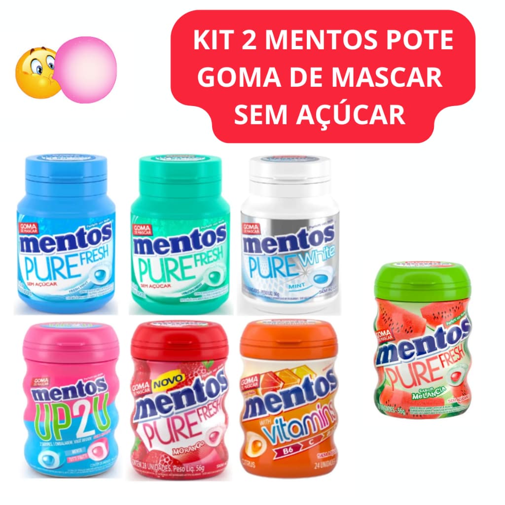 Kit 2 Potes Chiclete Mentos Pure Fresh Pote 56g Goma de Mascar Sem Açúcar - Escolha seu Sabor