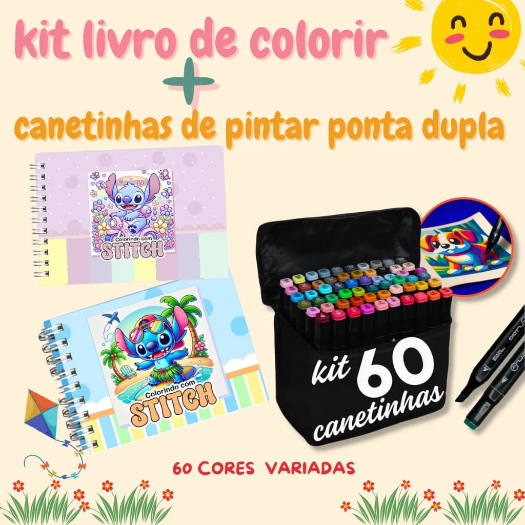 Kit Livro Colorir LIL. STI. (Rosa) + 60 Canetas