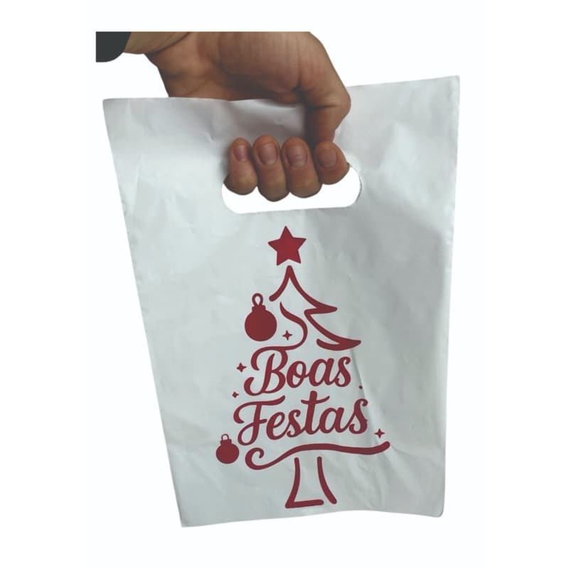 Sacola Plástica Boas Festas 20x30 – Boca de Palhaço – Branca Fosca – Impressão Vermelha – Kit com 20/30/40/50 Unidades