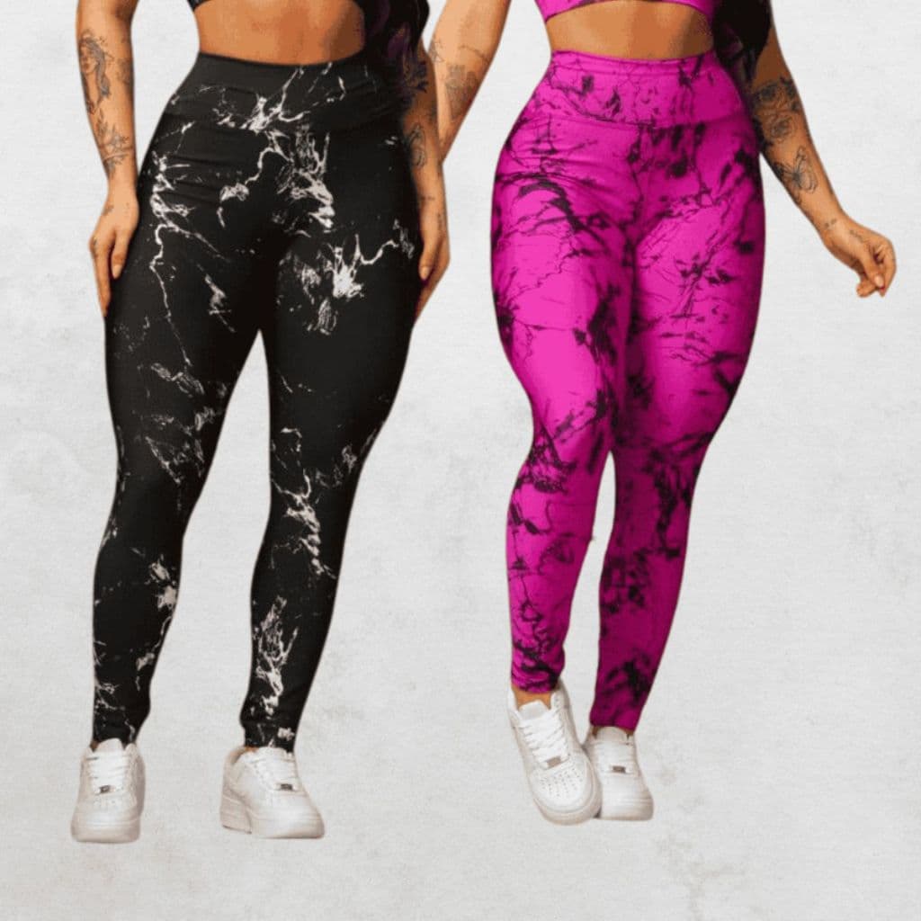 Kit 2 Calças Legging Feminina Marmorizada Tie-Dye Cintura Alta Fitness Para Treino Academia Yoga