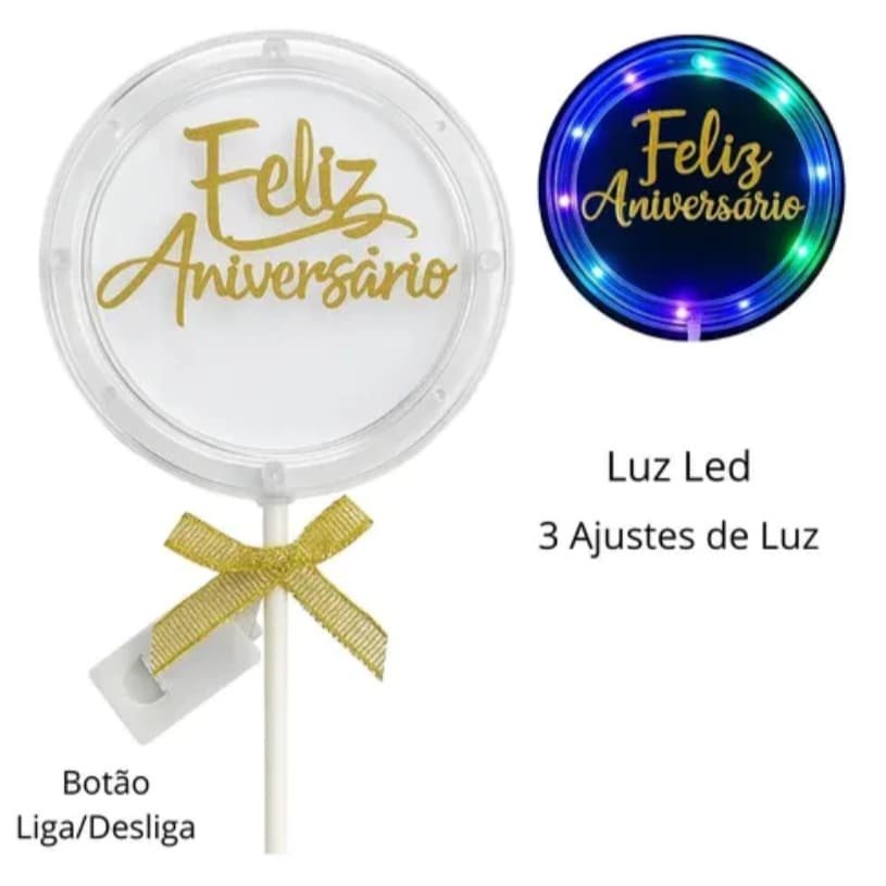 Topo de Bolo c/ LED Colorido Feliz Aniversario Pisca Pisca 3 Fases