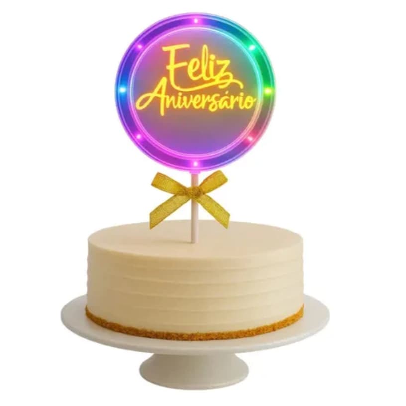 Topo de Bolo c/ LED Colorido Feliz Aniversario Pisca Pisca 3 Fases