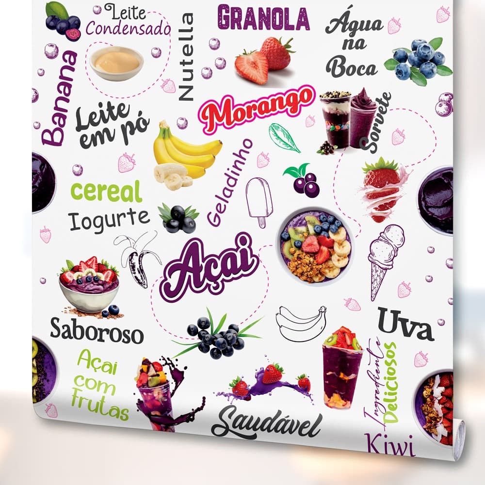 Papel Parede Adesivo Decoração Açaiteria Sorveteria Açai lavável Fundo Branco
