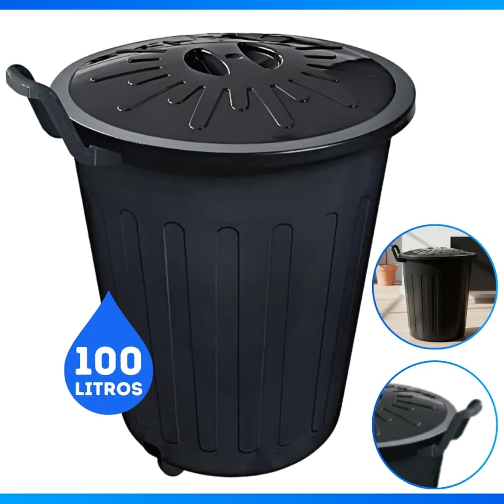 Lixeira Cesto Organizadora 100 Litros C/ Rodas e Tampa Preto - MAIS VENDIDA!