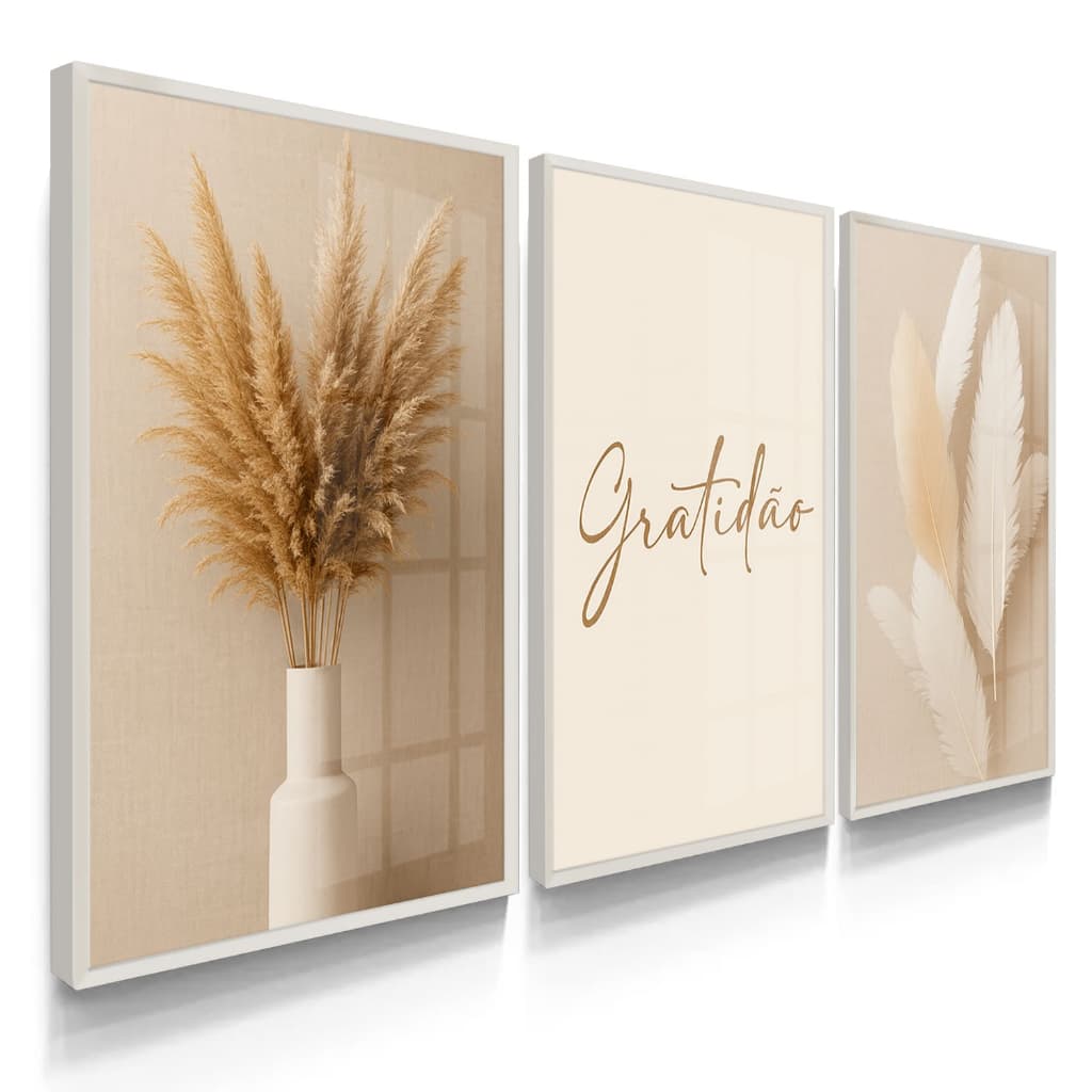 Quadro Decorativos Trio Gratidão Ramo de Trigo Prosperidade Branco Moderno para Sala Hall com Vidro