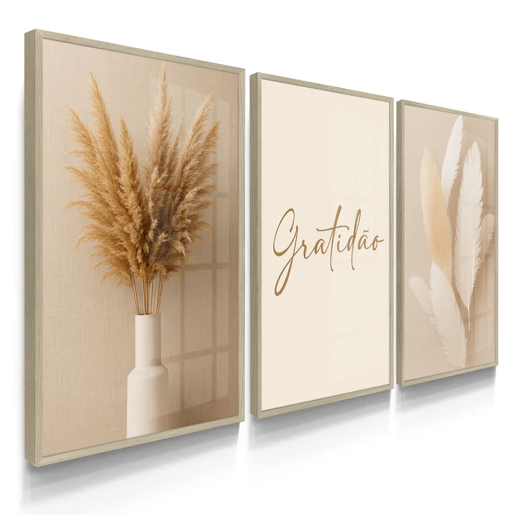 Quadro Decorativos Trio Gratidão Ramo de Trigo Prosperidade Branco Moderno para Sala Hall Escritório