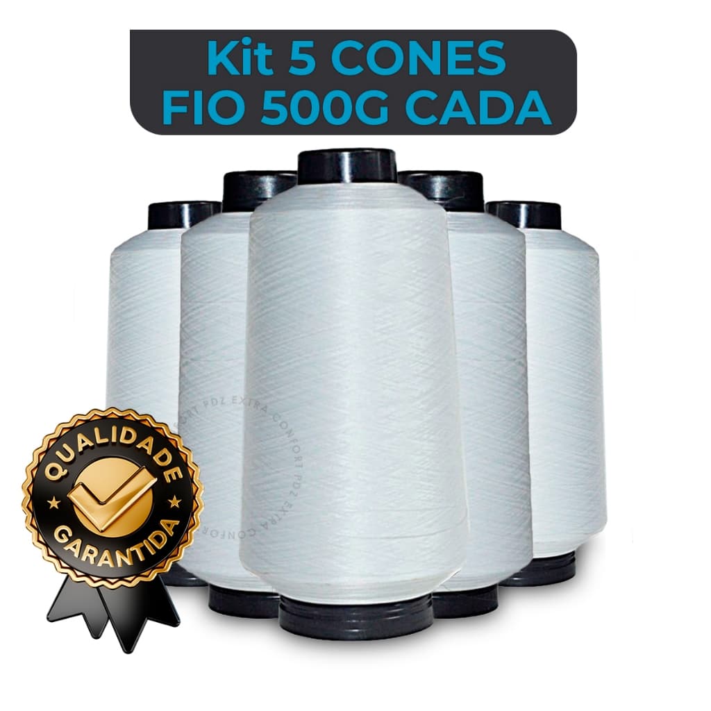 Kit 5 Fios poliéster Overloque Maquina - Fio 500g Cada - Branco Custura Cone Galoneira