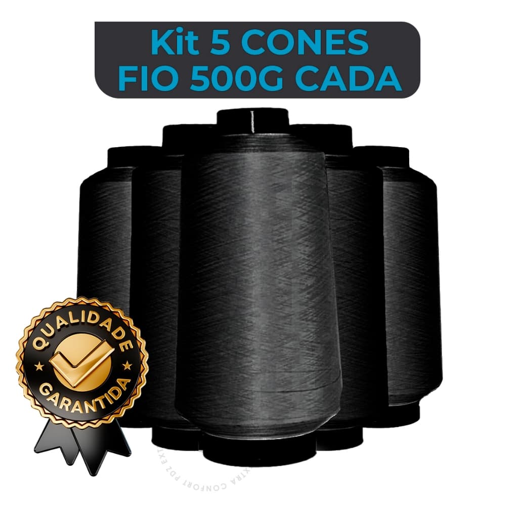 Kit 5 Fios poliéster Overloque Maquina - Fio 500g Cada - Preto Custura Cone Galoneira