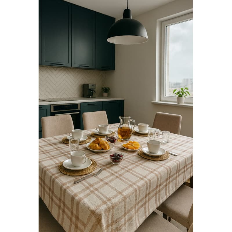 Toalha de Mesa Lisa Rustica Efeito Linho de Algodão Xadrez 6 lugares