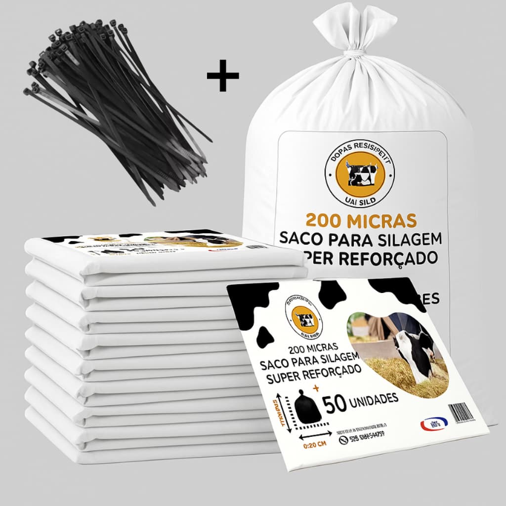 Saco Para Silagem 200 Micras 100 Unidades + 100 Abraçadeiras Reforçado Agro 52x110