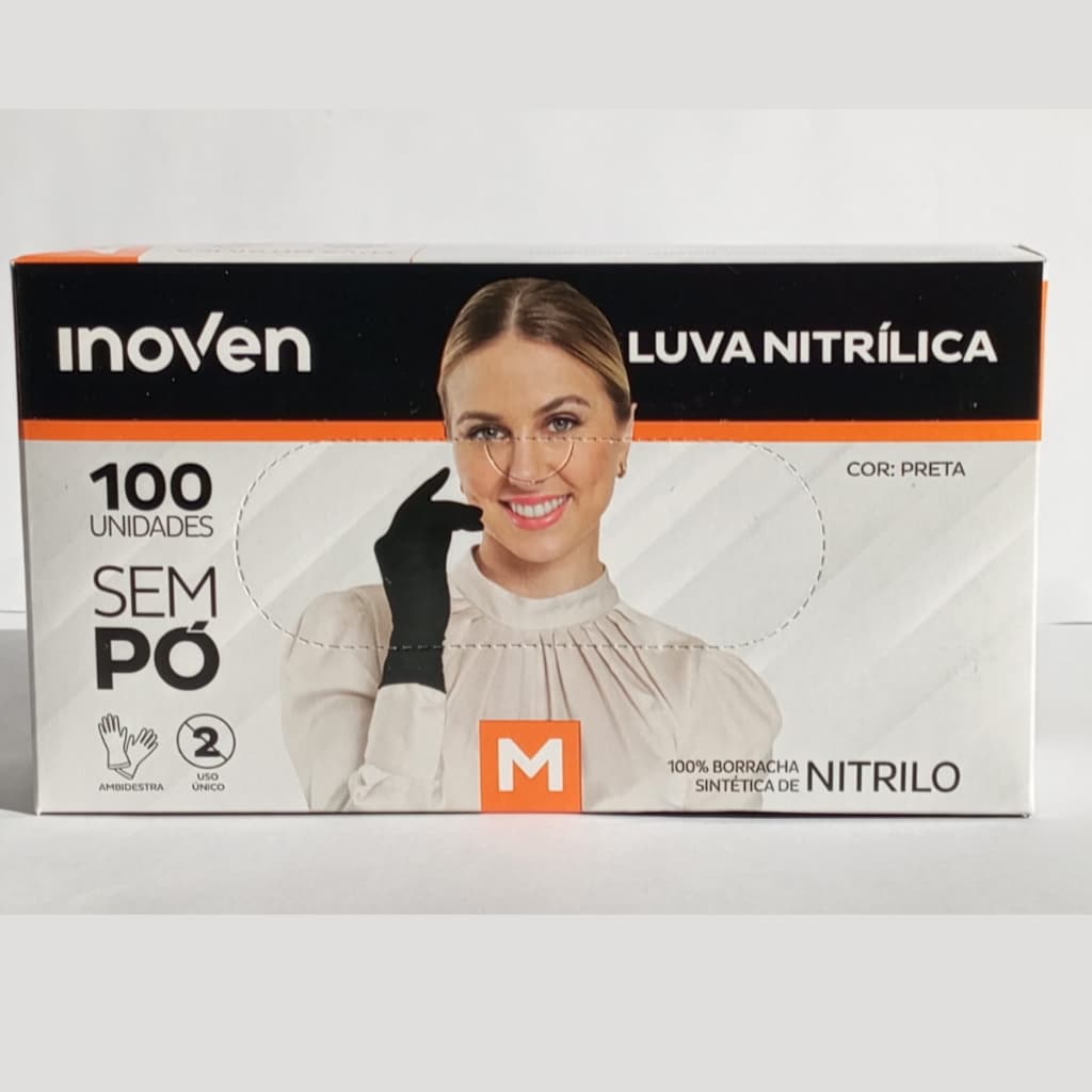 Luva Nitrílica Preta Descartavel sem pó Resistente 100 uni