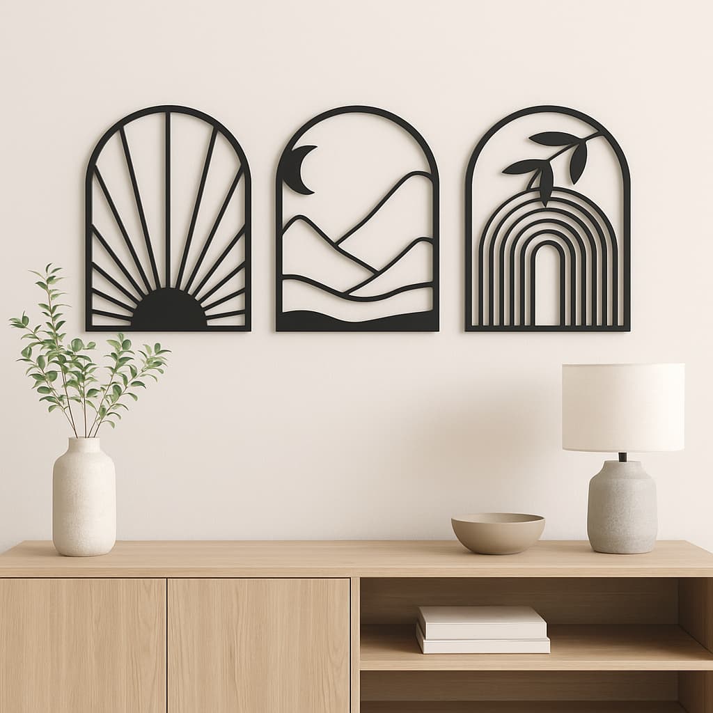Kit 3 Quadros Decorativos Minimalistas em MDF – Parede Sala/Quarto Estilo Moderno