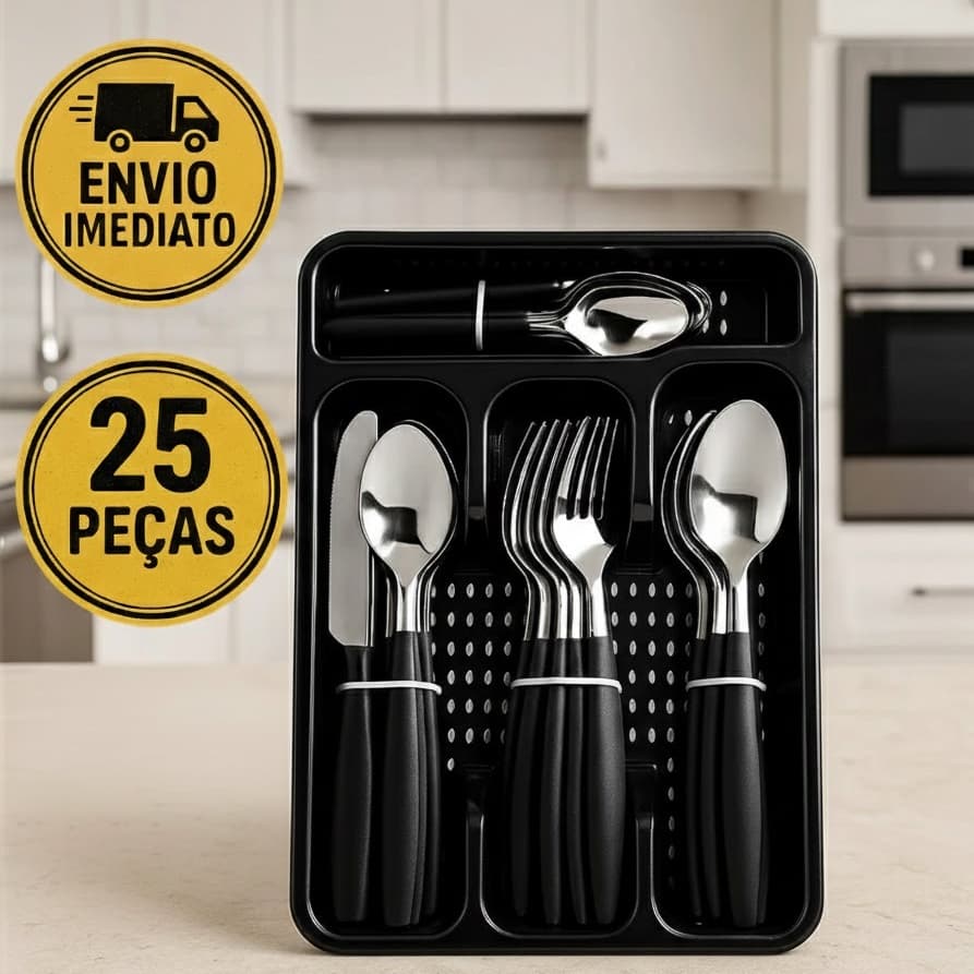 Jogo de Talheres Faqueiro Com Porta Talheres Kit Talheres 25 Peças Talher Conjunto de Talheres Snel