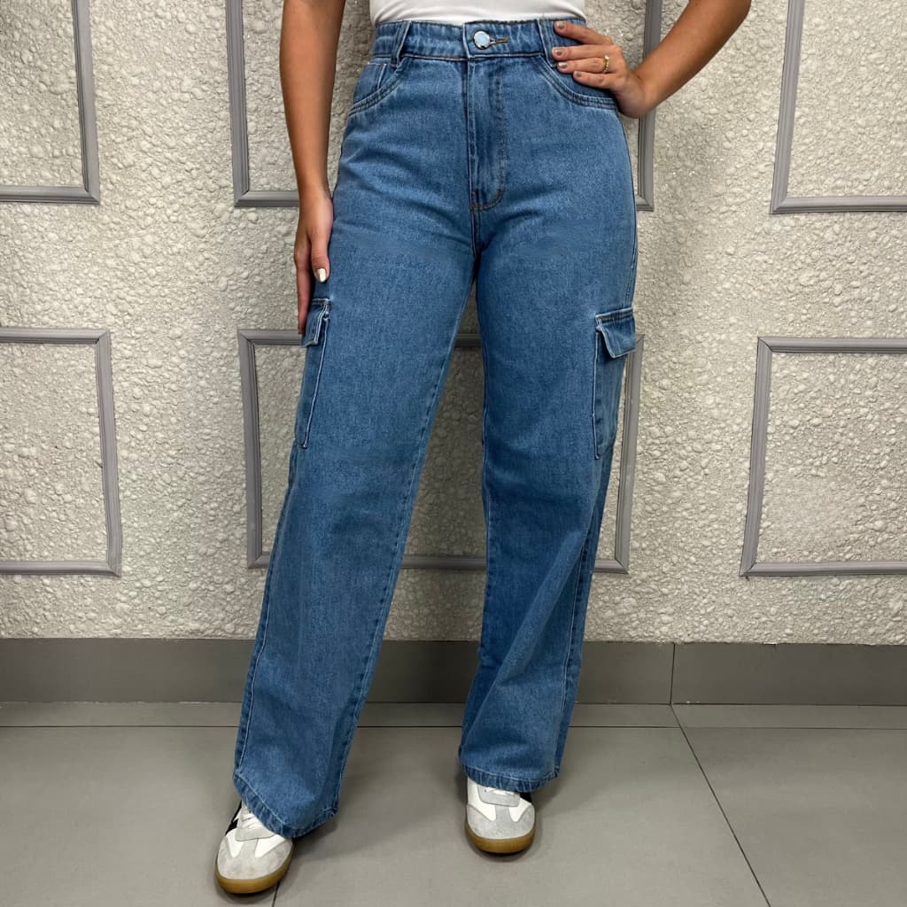 Calça Feminina Wide Leg Cargo Jeans 100% Algodão Lisa Elastano