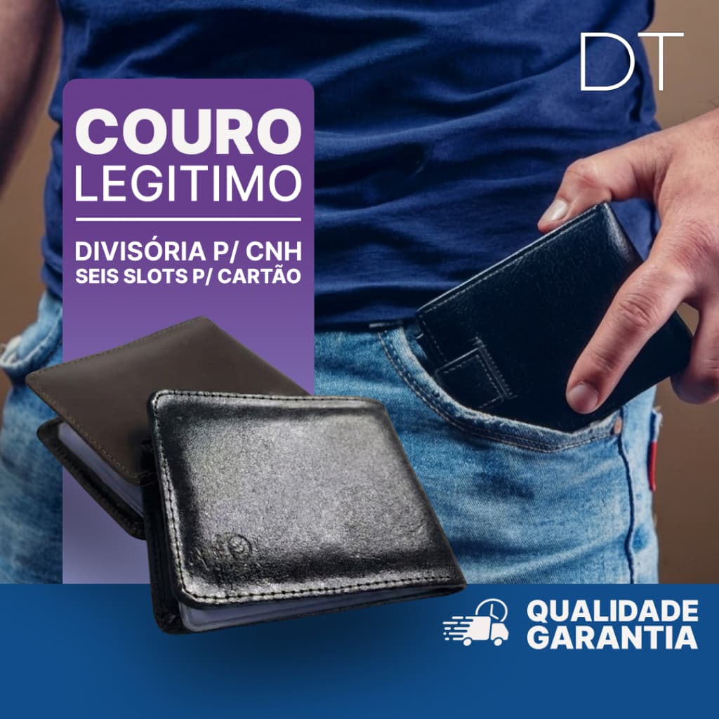 Carteira Masculina de Couro Legítimo Preta e Marrom Slim Modelo L Com Divisória Porta Documento CNH
