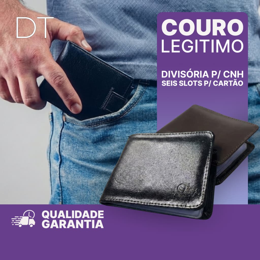 Carteira Masculina de Couro Legítimo Preta e Marrom Slim Modelo l Com Divisória Porta Documento CNH