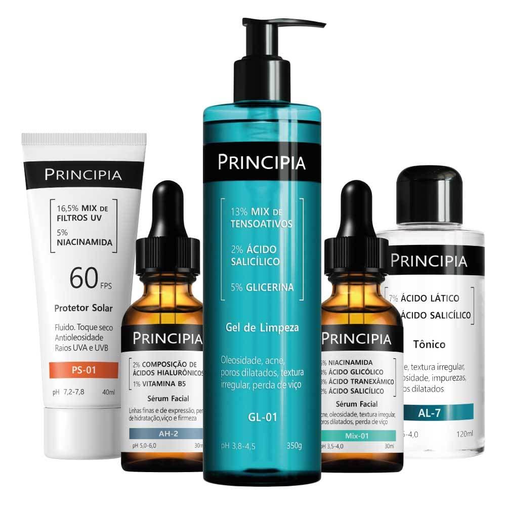Principia Kit Anti Acne Avançado c/ Gel de Limpeza GL-01 + Tônico AL-7 + Sérum Mix-01 + Sérum AH-2 + Protetor Solar PS01