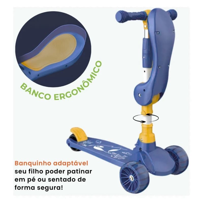 Patinete Infantil com Rodas de Led Dobrável -60kg 3 Rodas