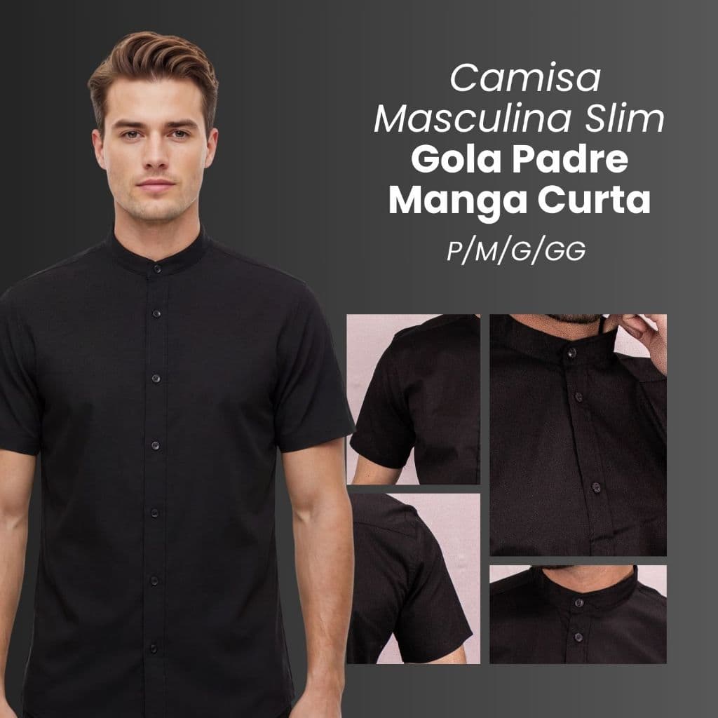 Camisa Social Masculina Gola Padre Manga Curta Camisa Social Gola Padre Com Algodão Premium