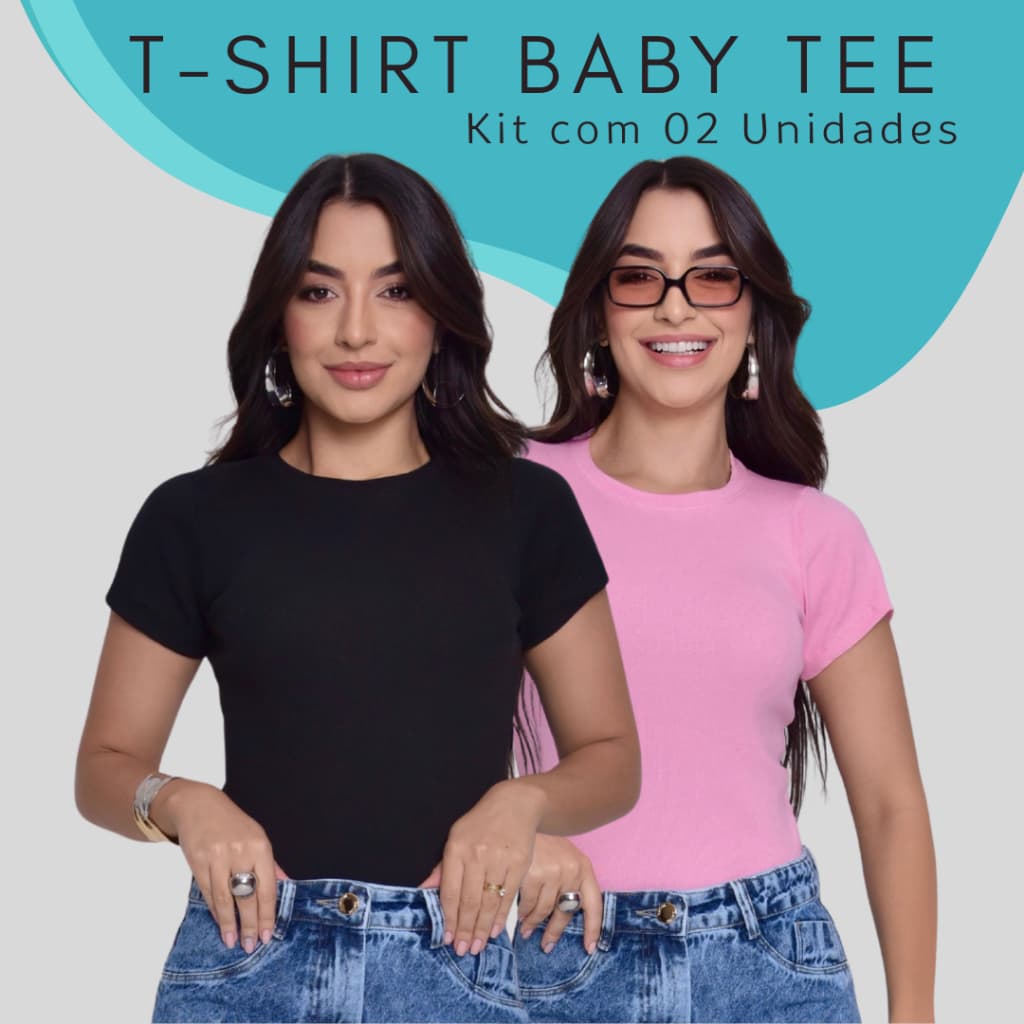 KIT 2 Blusas Baby Look Feminina Manga Curta Baby Tee Slim Fit