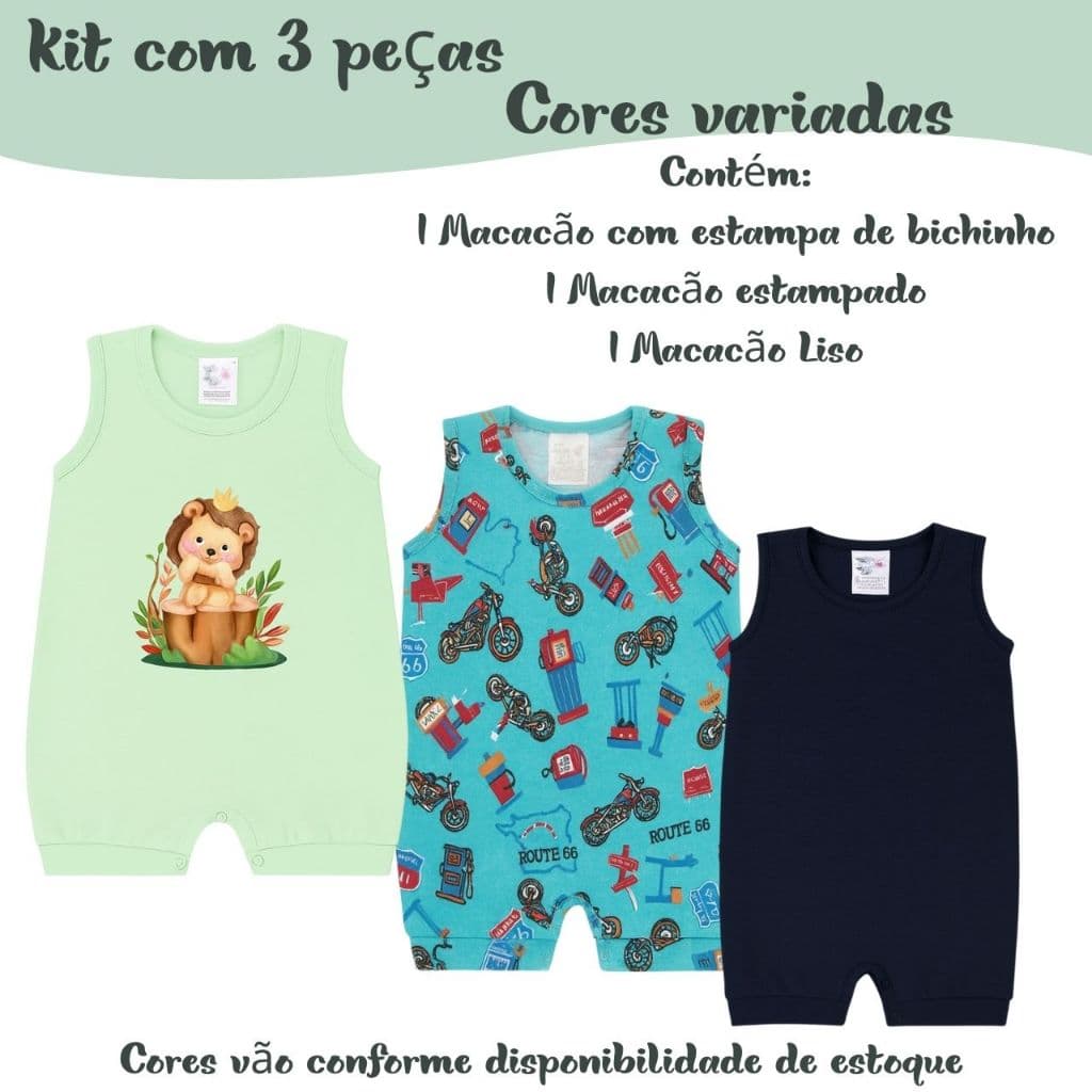 Kit 3 Pçs Macacão Curto Verão Jardineira Banho De Sol Estampado Menina e Menino