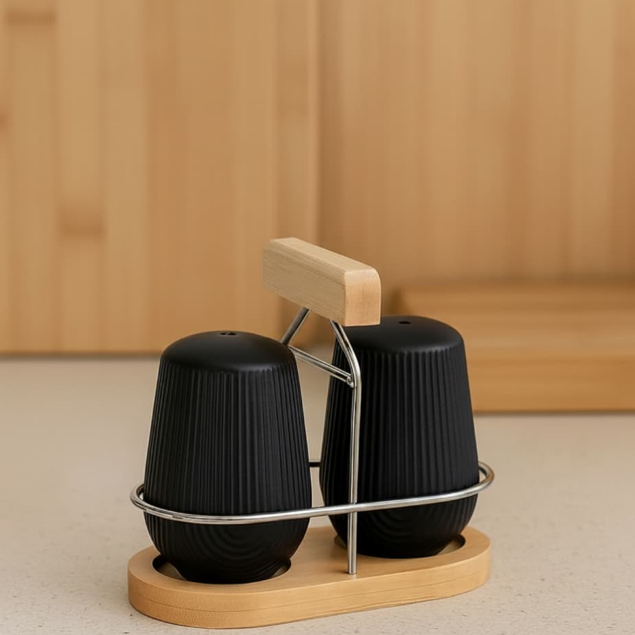 SALEIRO E PIMENTEIRO DE CERÂMICA COM SUPORTE PRETO 90ML 3 PEÇAS
