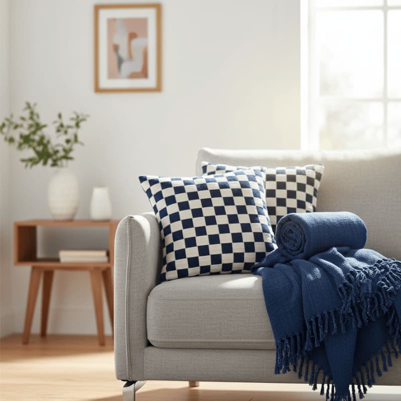 Capa De Almofada Decorativa Xadrez Azul e Branco 43x43cm – Estilo Moderno, Sala e Quarto