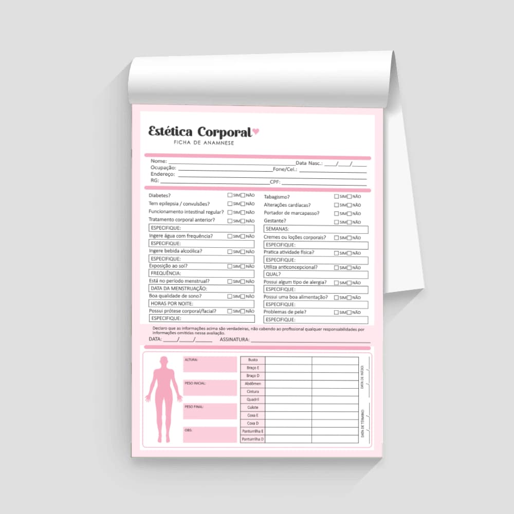 Bloco Destacável Anamnese Estetica Corporal 100 Folhas A5 14x21cm PRONTA ENTREGA