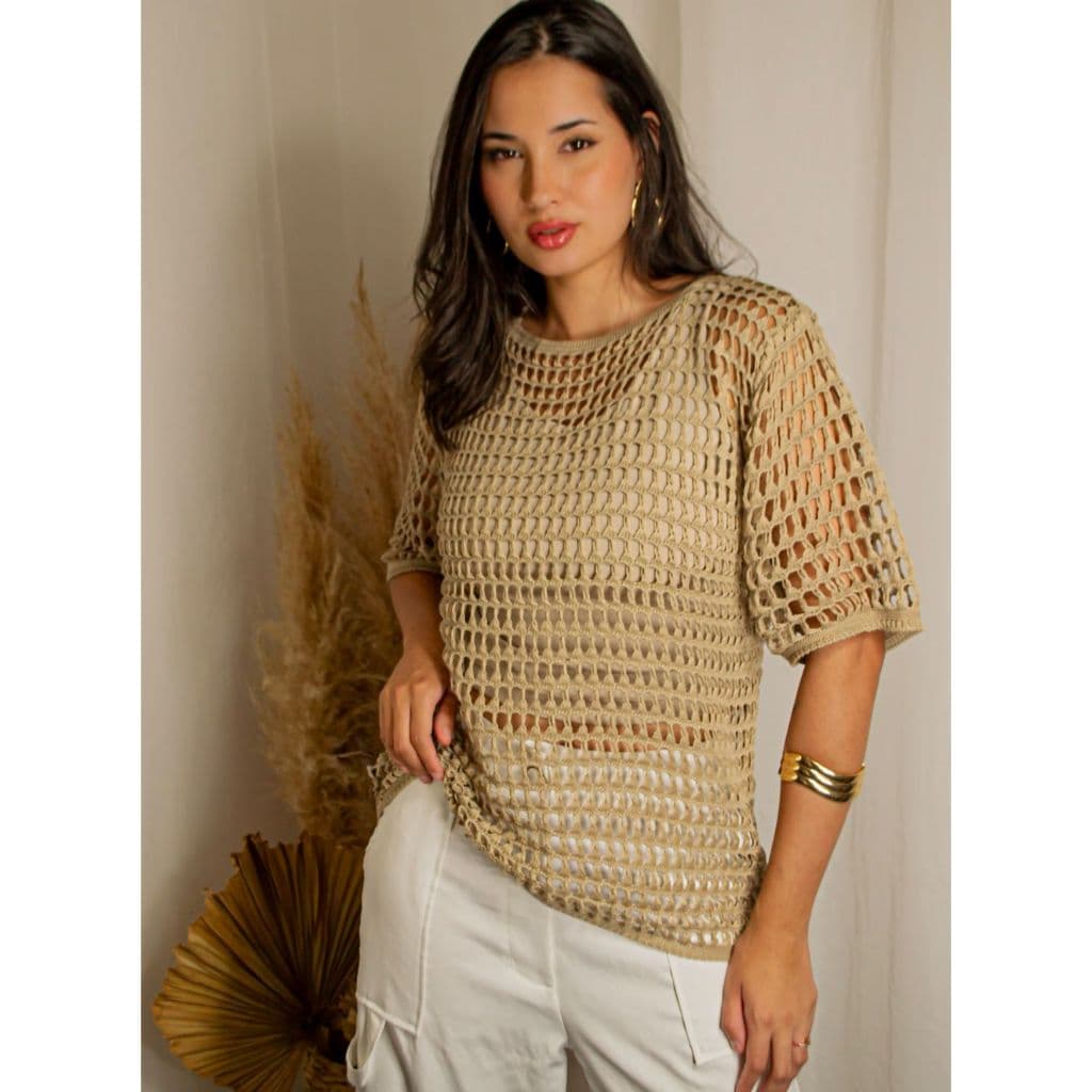 Blusa Crochê Artesanal Trama Vazada Manga Curta Trançado Trico Estilo Boho