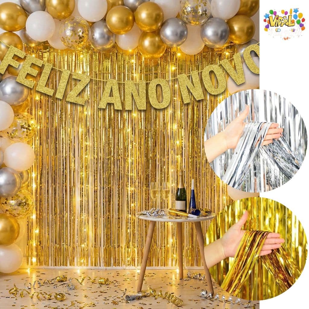 Cortina Metalizada Franja 2X1m Painel Decorativo Retangular Para Festas Eventos Confraternizações