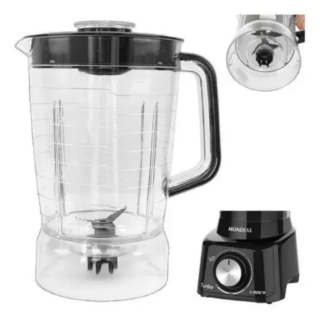 Copo de Liquidificador Mondial Turbo L-850 L-900 Cristal - Tampa Preta - Micromax / Mebrasi - Copo para Liquidificador -