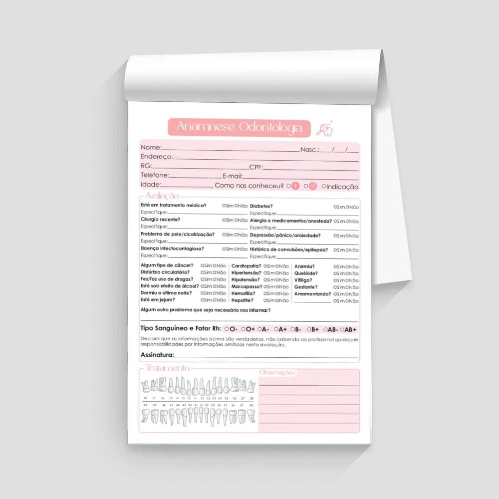 Bloco Destacável Anamnese Odontológica Dentista 100 Folhas A5 14,8x21cm PRONTA ENTREGA
