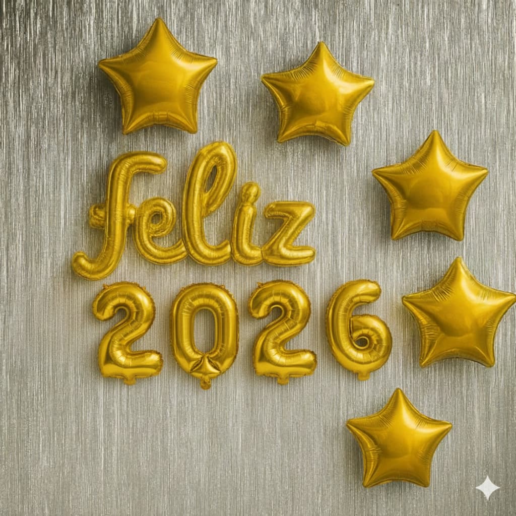 Kit Decoração Balão Feliz 2026 com 2 cortinas metalizada + 5 Balões estrela 20 cm Reveillon Ano Novo